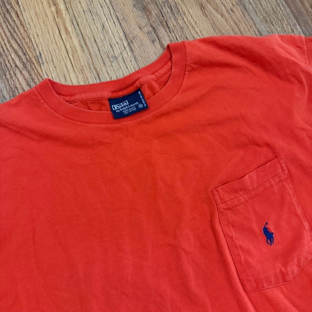 Polo Ralph Lauren Shirt Mens M Orange Soft Cotton Pocket Tshirt Blue Pony Flaw